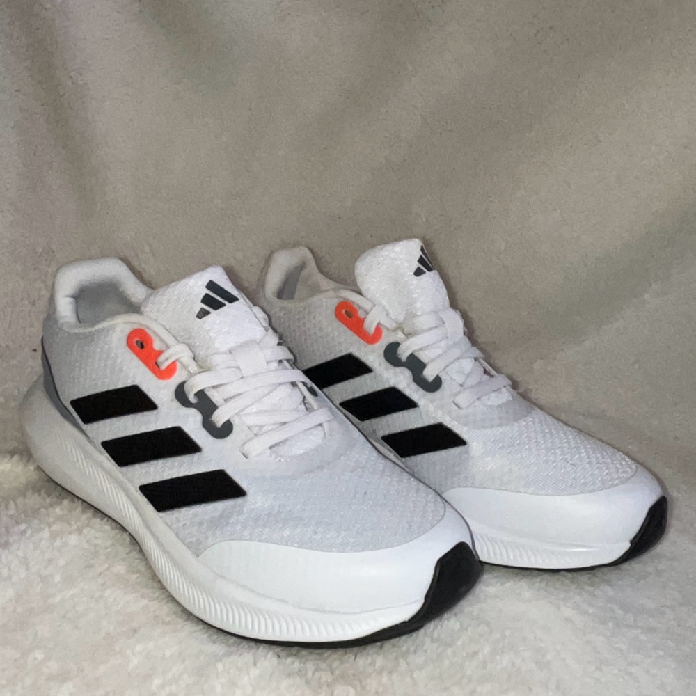 adidas White Sneakers with Black Stripes and Orange Accents